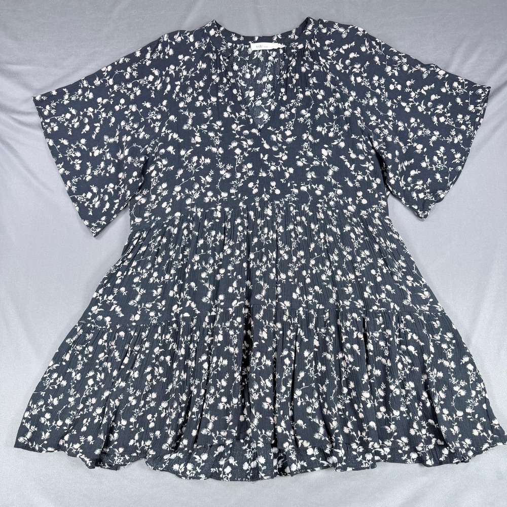 Millibon Tiered‎ Mini Dress Womens M Black Floral Flutter Sleeve Babydoll Casual